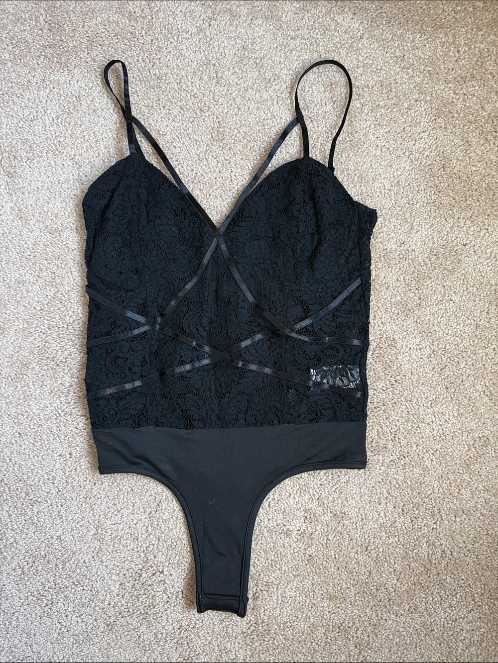 NWOT Missguided Harness Black Lace Cami Bodysuit. Size 2